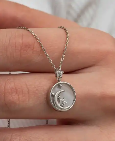Gümüş Sedef Taşlı Ay Yıldız Hilal Kadın Kolye
