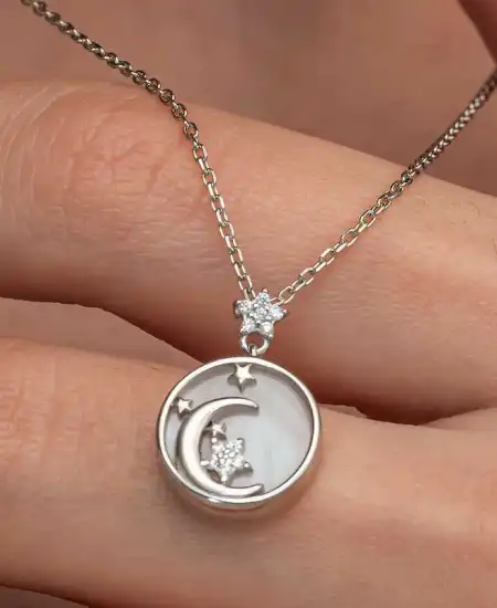 Gümüş Sedef Taşlı Ay Yıldız Hilal Kadın Kolye