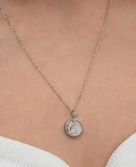 Gümüş Sedef Taşlı Ay Yıldız Hilal Kadın Kolye