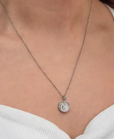 Gümüş Sedef Taşlı Ay Yıldız Hilal Kadın Kolye