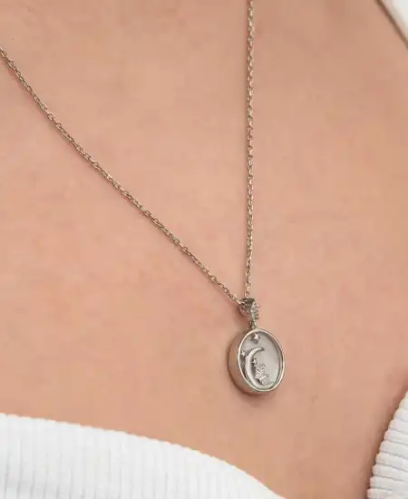 Gümüş Sedef Taşlı Ay Yıldız Hilal Kadın Kolye