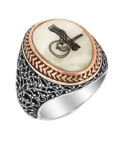 Gümüş Sedef Üzeri Tuğralı Erkek Yüzük