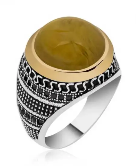 Gümüş Sıkma Kehribar Taşlı Erkek Yüzük