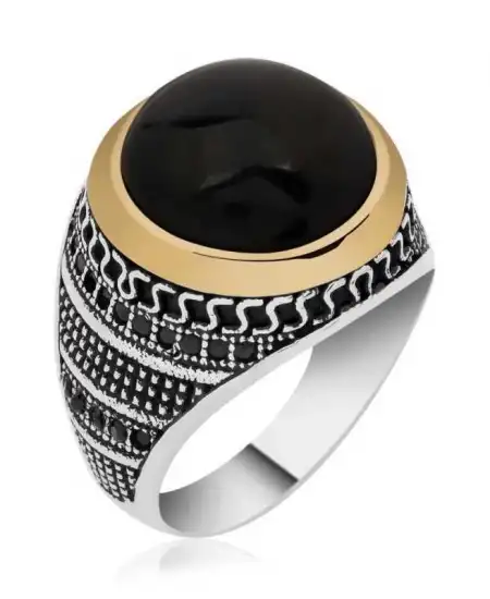 Gümüş Sıkma Kehribar Taşlı Erkek Yüzük