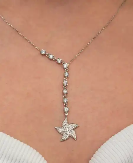 Gümüş Sıralı Zirkon Taşlı Deniz Yıldızı Kadın Kolye