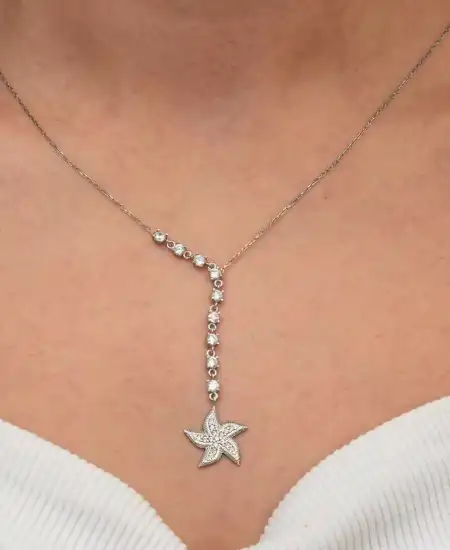 Gümüş Sıralı Zirkon Taşlı Deniz Yıldızı Kadın Kolye