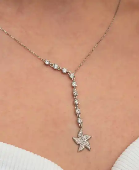 Gümüş Sıralı Zirkon Taşlı Deniz Yıldızı Kadın Kolye