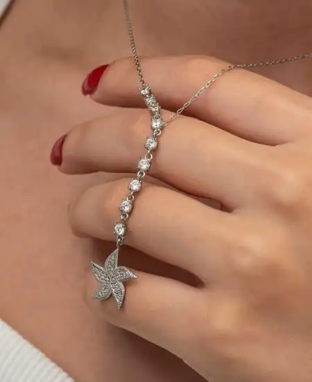 Gümüş Sıralı Zirkon Taşlı Deniz Yıldızı Kadın Kolye