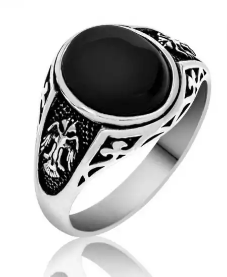 Gümüş Siyah Çift Başlı Kartal Erkek Yüzük
