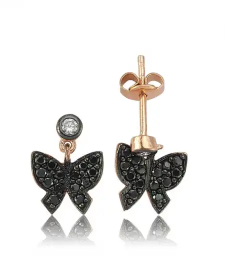 Gümüş Siyah Kelebek Çivili Küpe