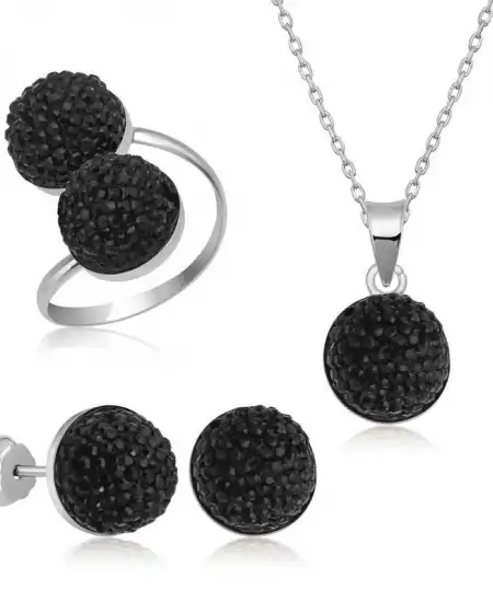 Gümüş Siyah Kristal Kadın Set