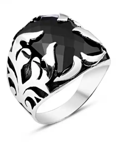 Gümüş Siyah Taşlı Alev Erkek Yüzük