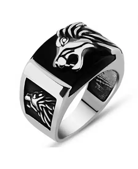 Gümüş Siyah Taşlı Aslan Figürlü Erkek Yüzük