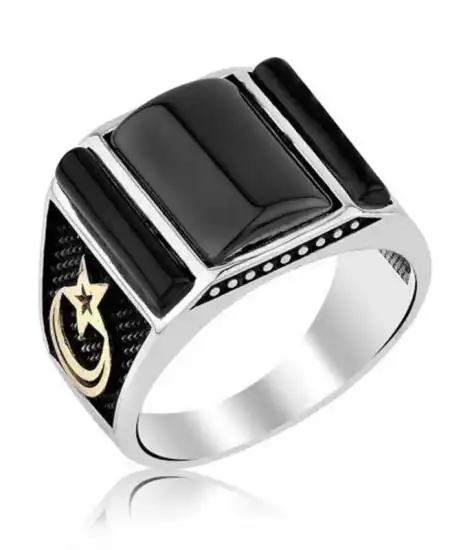 Gümüş Siyah Taşlı Ay Yıldız Erkek Yüzük