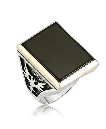 Gümüş Siyah Taşlı Çift Başlı Kartal Erkek Yüzük