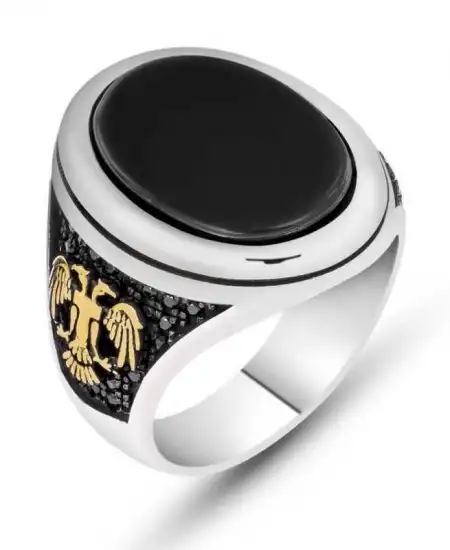 Gümüş Siyah Taşlı Çift Başlı Kartal Erkek Yüzük