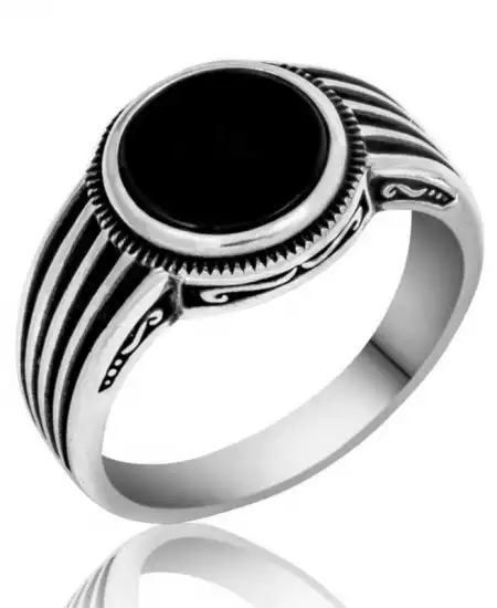 Gümüş Siyah Taşlı Çizgili Erkek Yüzük