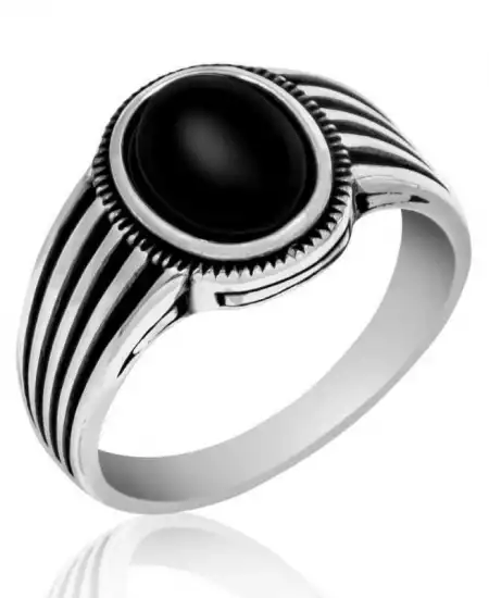 Gümüş Siyah Taşlı Çizgili Erkek Yüzük