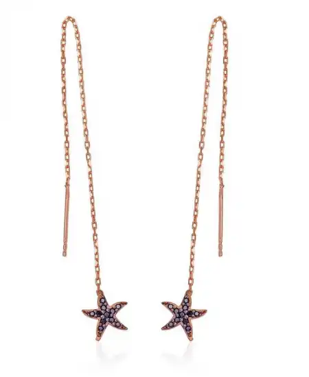 Gümüş Siyah Taşlı Deniz Yıldızı Zincirli Küpe