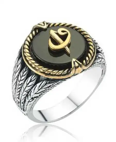 Gümüş Siyah Taşlı Elif Vav Erkek Yüzük