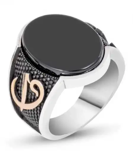 Gümüş Siyah Taşlı Elif Vav Erkek Yüzük