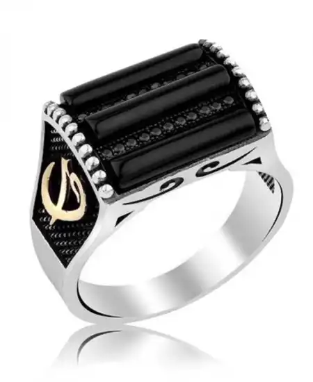 Gümüş Siyah Taşlı Elif Vav Erkek Yüzük