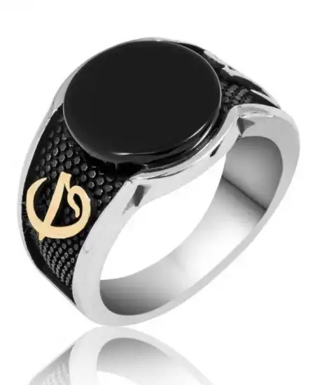 Gümüş Siyah Taşlı Elif Vav Erkek Yüzük