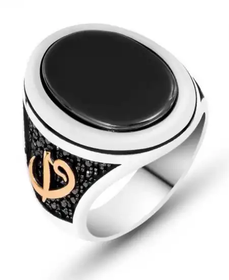 Gümüş Siyah Taşlı Elif Vav Erkek Yüzük