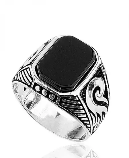 Gümüş Siyah Taşlı Erkek Yüzük