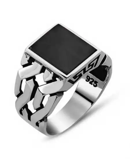 Gümüş Siyah Taşlı Erkek Yüzük