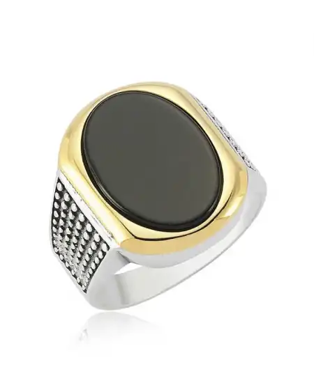 Gümüş Siyah Taşlı Erkek Yüzük
