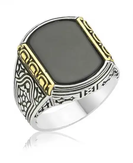 Gümüş Siyah Taşlı Erkek Yüzük