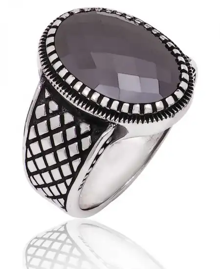 Gümüş Siyah Taşlı Erkek Yüzük