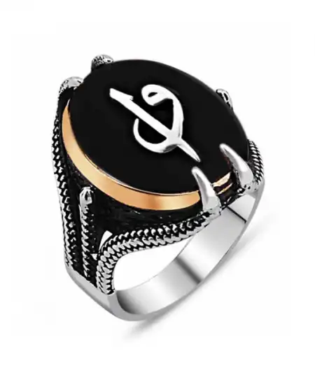 Gümüş Siyah Taşlı Kartal Pençesi Elif Vav Erkek Yüzük