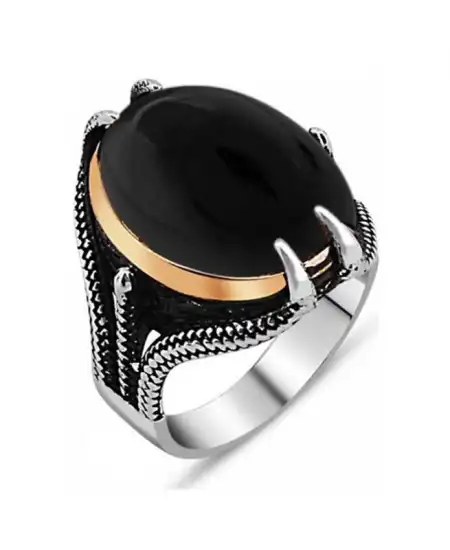 Gümüş Siyah Taşlı Kartal Pençesi Erkek Yüzük