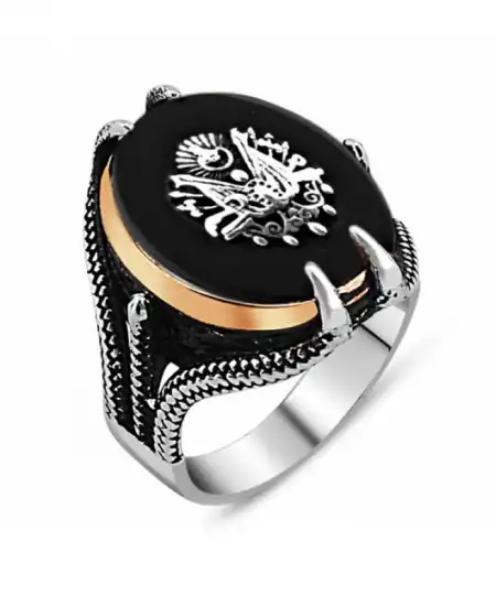 Gümüş Siyah Taşlı Kartal Pençesi Osmanlı Devlet Arması Erkek Yüzük