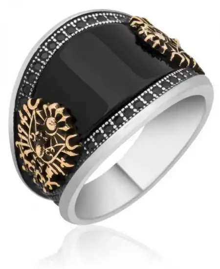 Gümüş Siyah Taşlı Osmanlı Armalı Erkek Yüzük