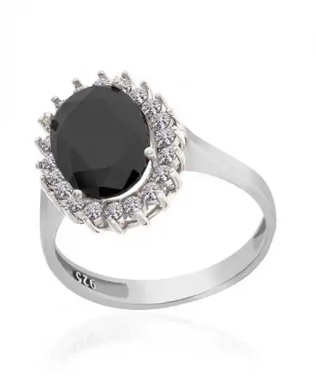 Gümüş Siyah Taşlı Oval Kadın Yüzük