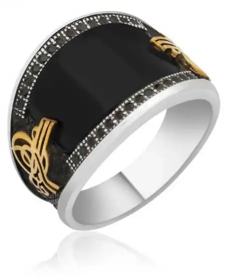 Gümüş Siyah Taşlı Tuğralı Erkek Yüzük