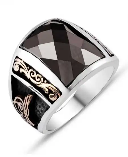Gümüş Siyah Taşlı Tuğralı Erkek Yüzük