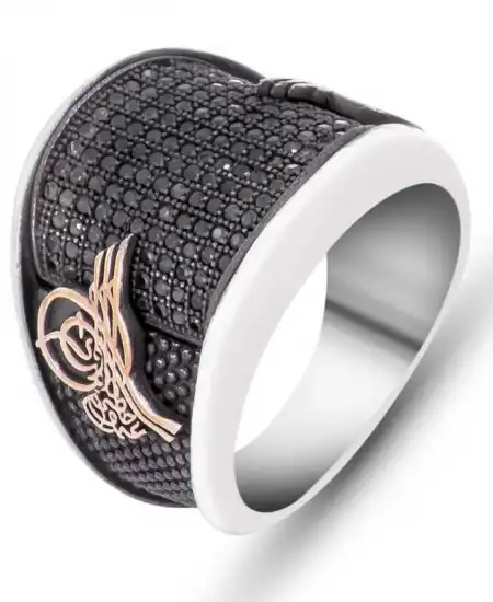 Gümüş Siyah Taşlı Tuğralı Erkek Yüzük