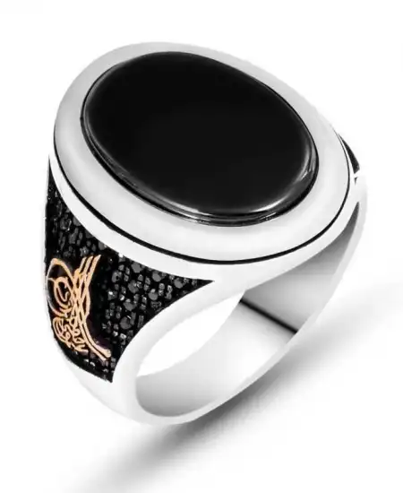 Gümüş Siyah Taşlı Tuğralı Erkek Yüzük