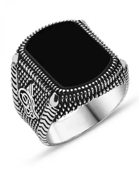 Gümüş Siyah Taşlı Tuğralı Erkek Yüzük