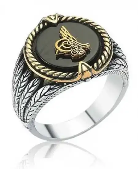 Gümüş Siyah Taşlı Tuğralı Erkek Yüzük