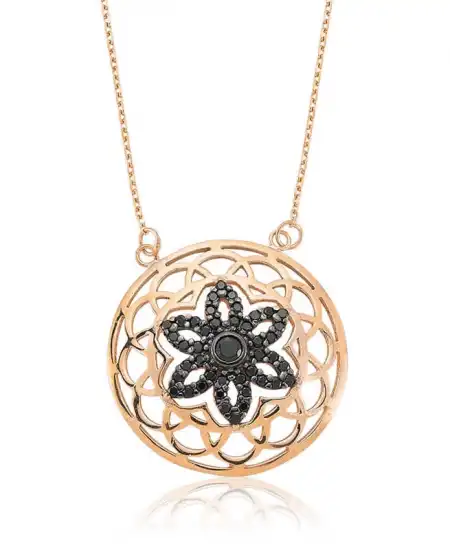 Gümüş Siyah Yaşam Çiçeği Bayan Kolye