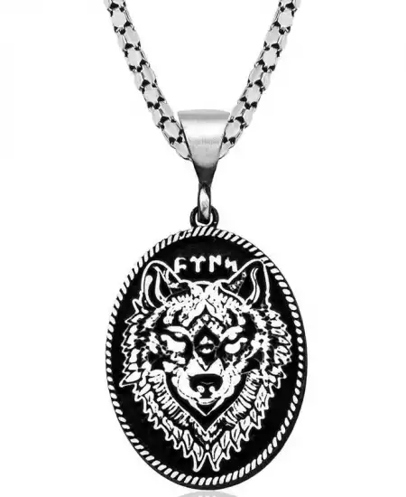 Gümüş Siyah Zeminli Kurt Motifli Göktürkçe Türk Yazılı  Kolye