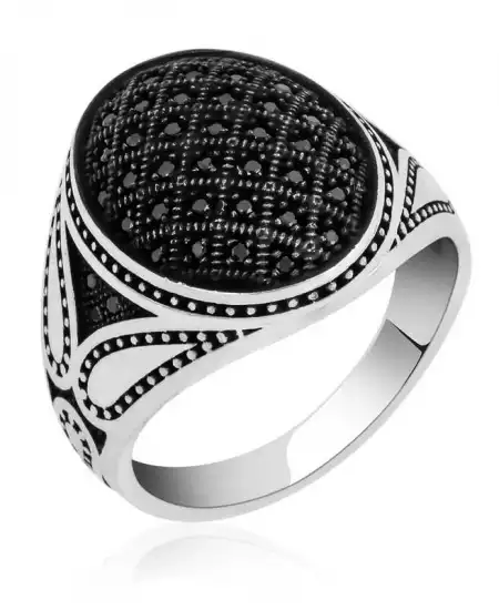Gümüş Siyah Zirkon Taşlı Erkek Yüzük