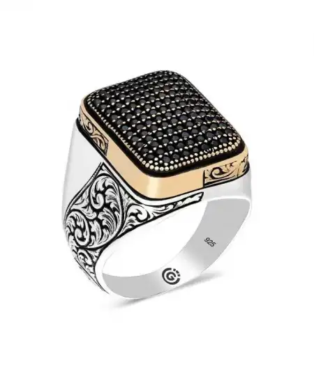 Gümüş Siyah Zirkon Taşlı Kare Erkek Yüzük