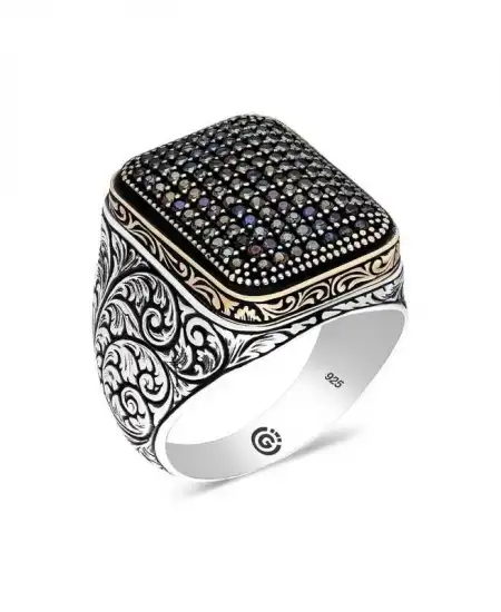 Gümüş Siyah Zirkon Taşlı Kare Erkek Yüzük