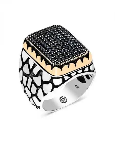 Gümüş Siyah Zirkon Taşlı Kare Erkek Yüzük